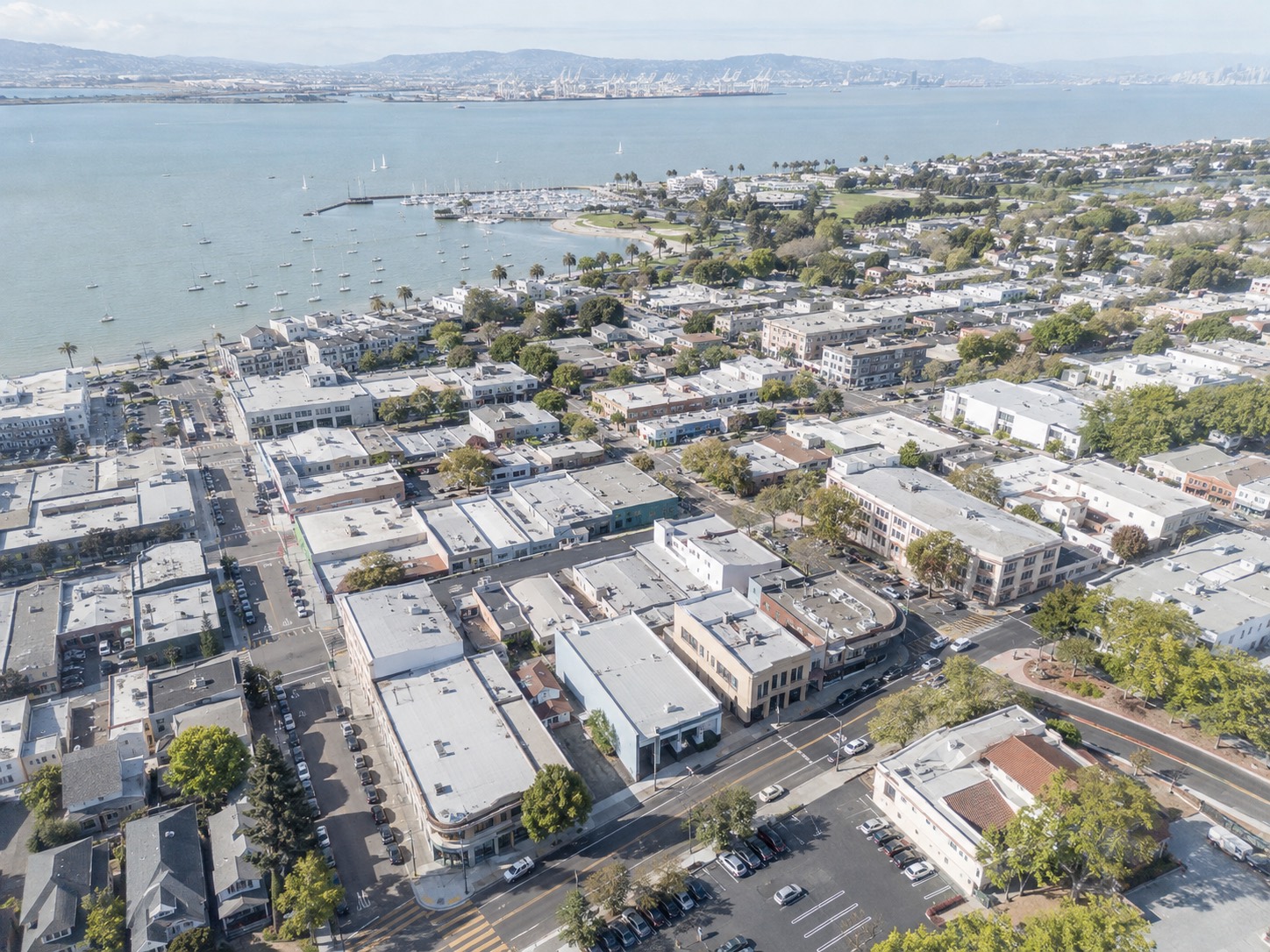 Aerial view of Alameda, CA and the East Bay shoreline