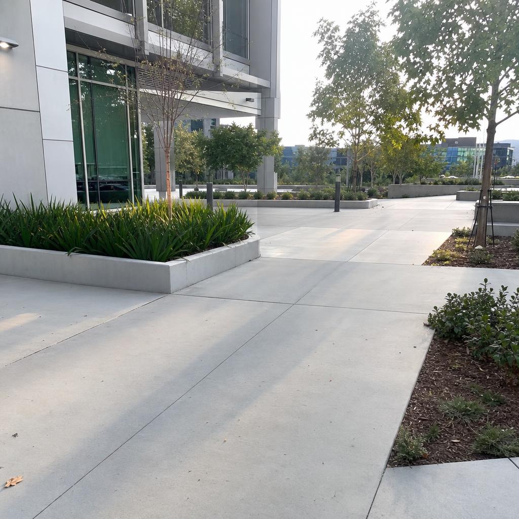 Commercial building entrance with a finished concrete walkway
