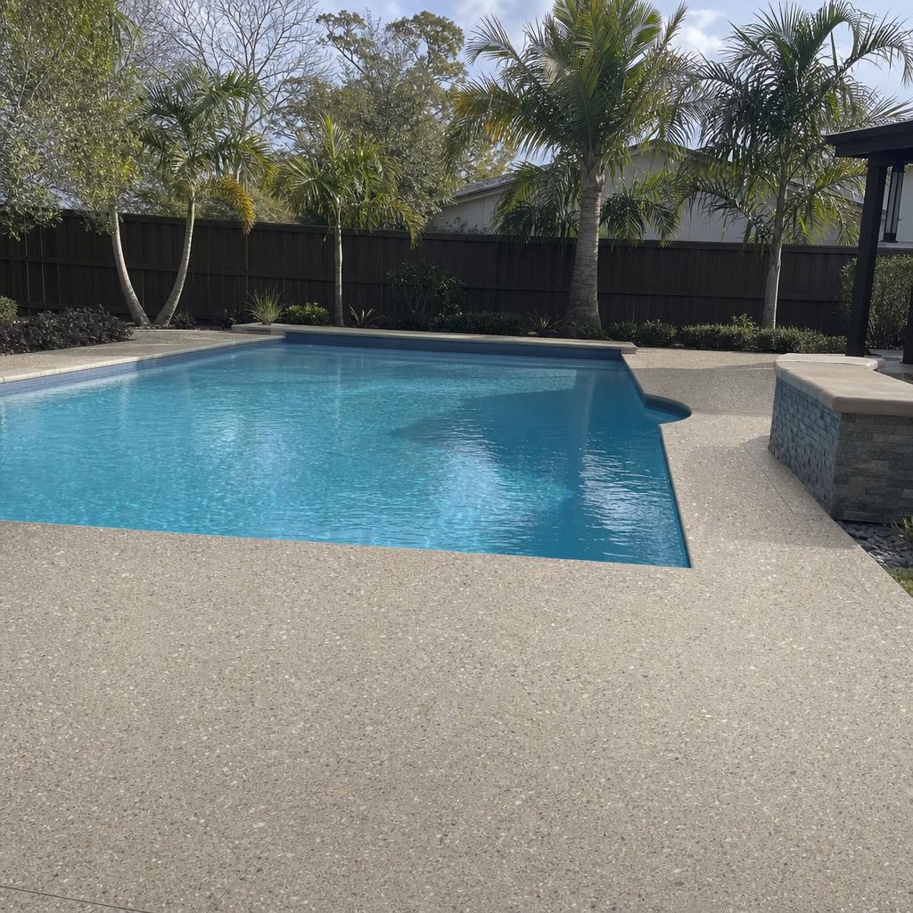 Concrete pool deck surrounding a backyard swimming pool