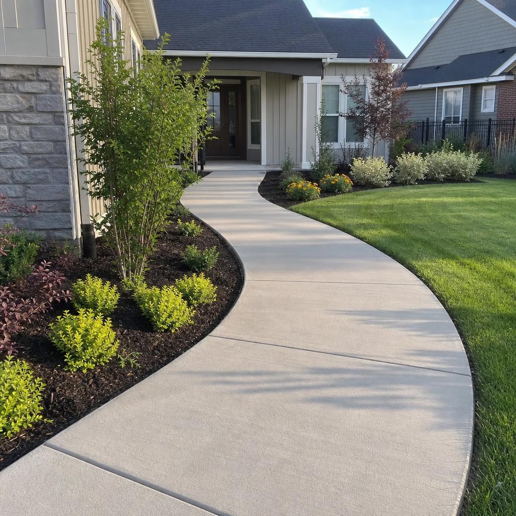 Curved residential concrete walkway with a broom finish