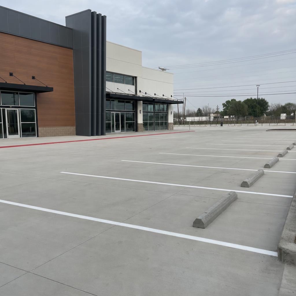 Finished commercial concrete parking lot with striped stalls