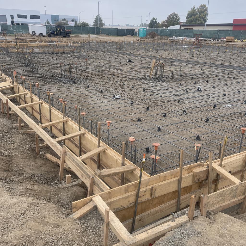 Large-scale concrete foundation preparation with rebar cages and forms