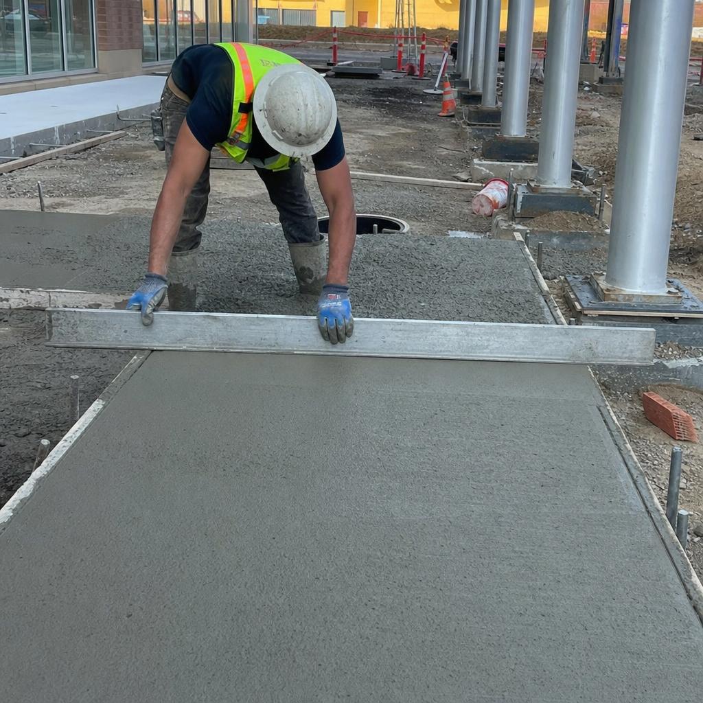 Concrete finisher screeding a freshly poured concrete slab