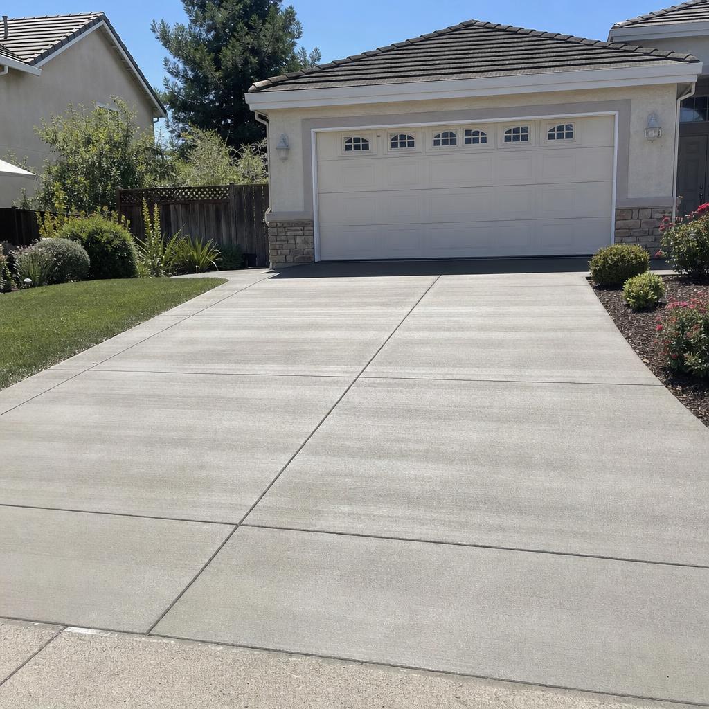 New residential concrete driveway leading to a two-car garage in Alameda