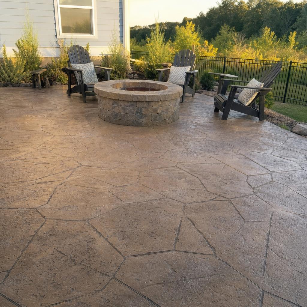 Stamped concrete patio with a circular fire pit in an East Bay backyard