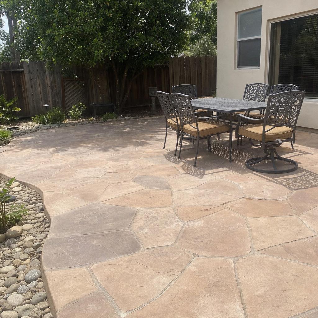 Stamped concrete patio with a flagstone pattern in a backyard